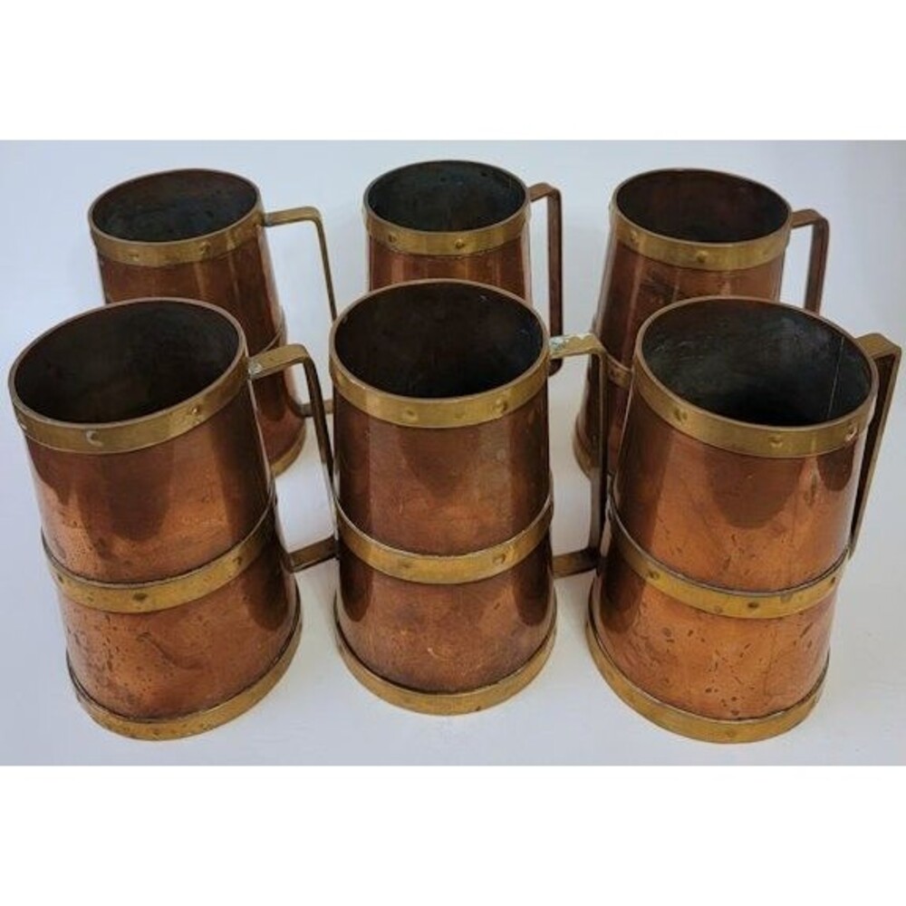 Vtg Solid Copper Moscow Mule Mugs Set of 6 Brass Handle Unpolished Preowned